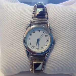 ⭐️NATIVE AMERICAN STERLING SILVER BLACK/OPAL  INLAY WATCH ⭐️